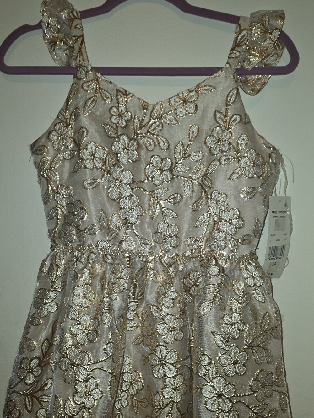 Rare Editions Gold Floral Embroidered Ivory Party Dress - Picture 4 of 7